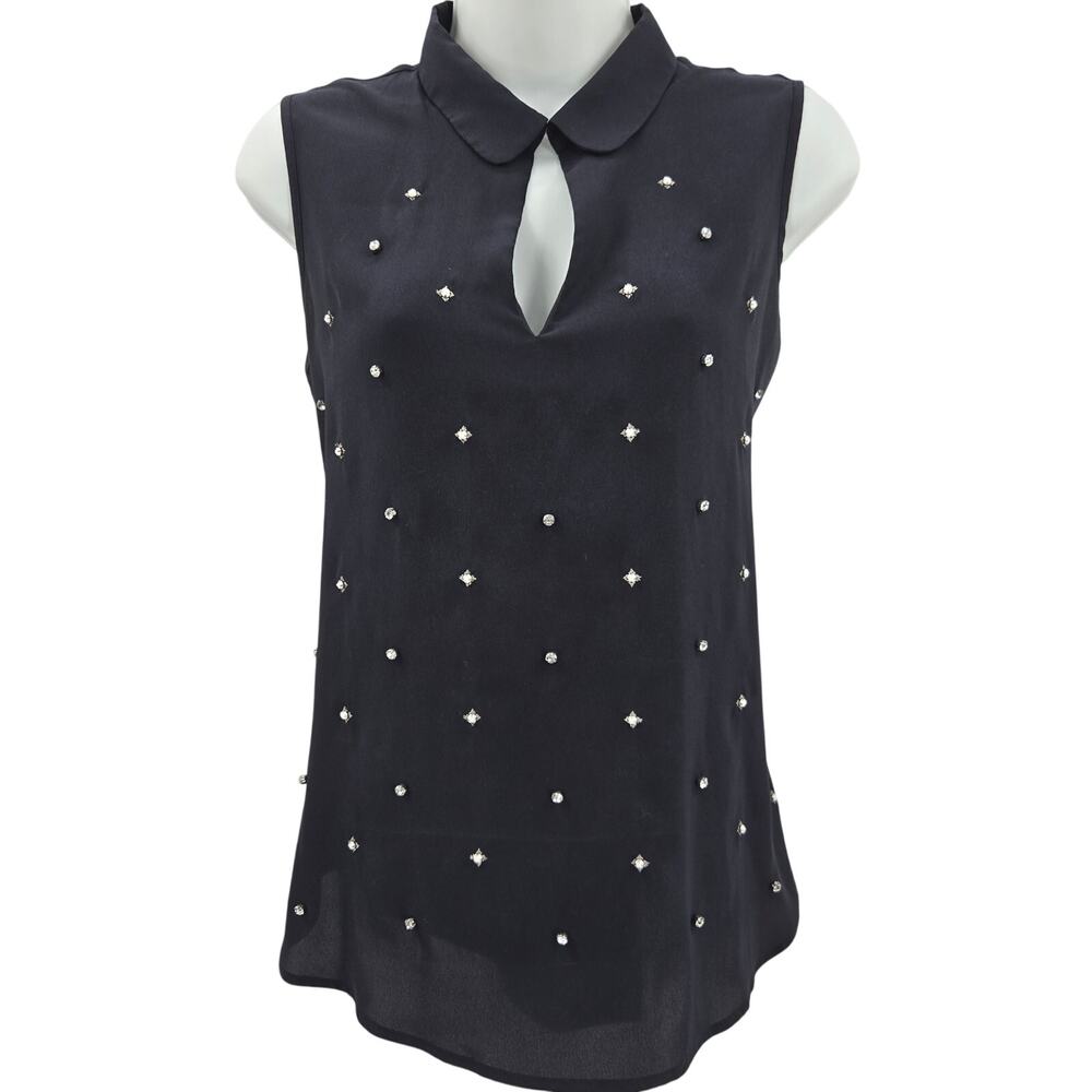 Ann Taylor Women Vtg Y2K Twee Indie Edgy Sheer Rhinestone Peter Pan Collar Top M